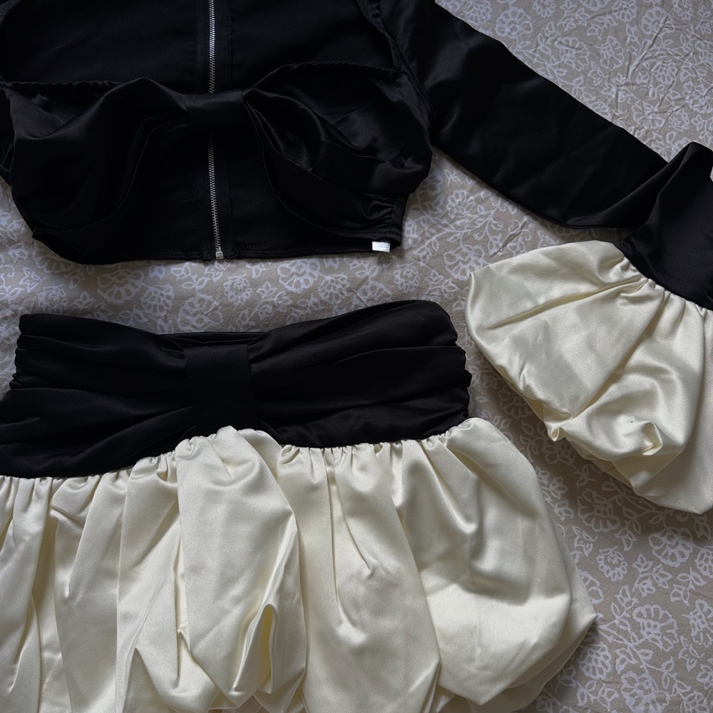 PrettyLittleThing Black and Cream Satin Ensemble